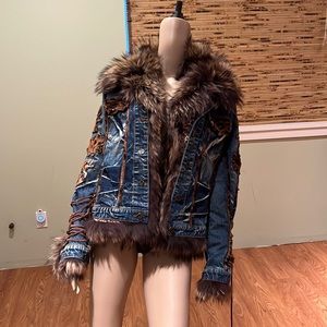 Georgio Rotti Jean Jacket W/ Calf Hair Lacing,  Removable Satin Jacket W/ Fur L